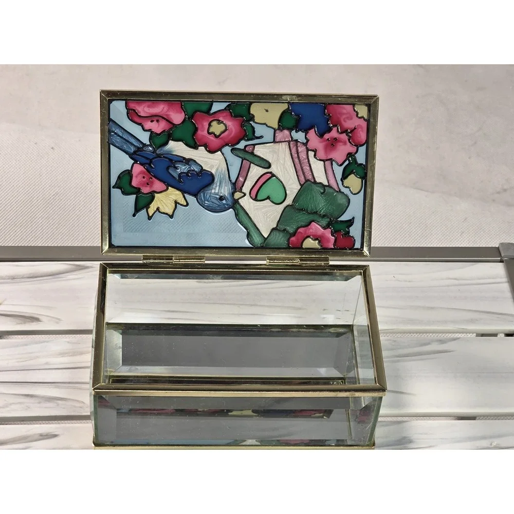 VTG Bird Birdhouse Stained Glass Trinket Box Joan Baker Designs 1994, Collectabl